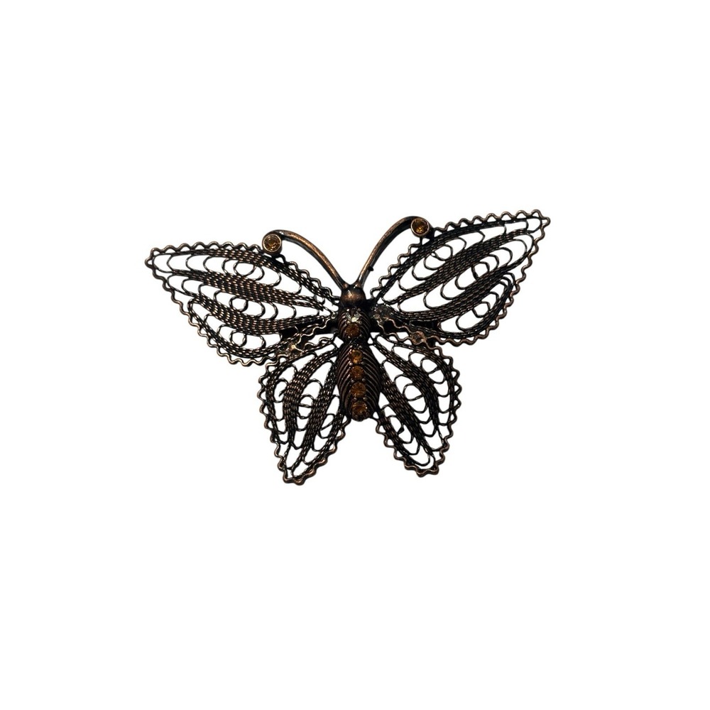 Vintage Copper Filigree Orange Rhinestone Intricate Butterfly Brooch Pin